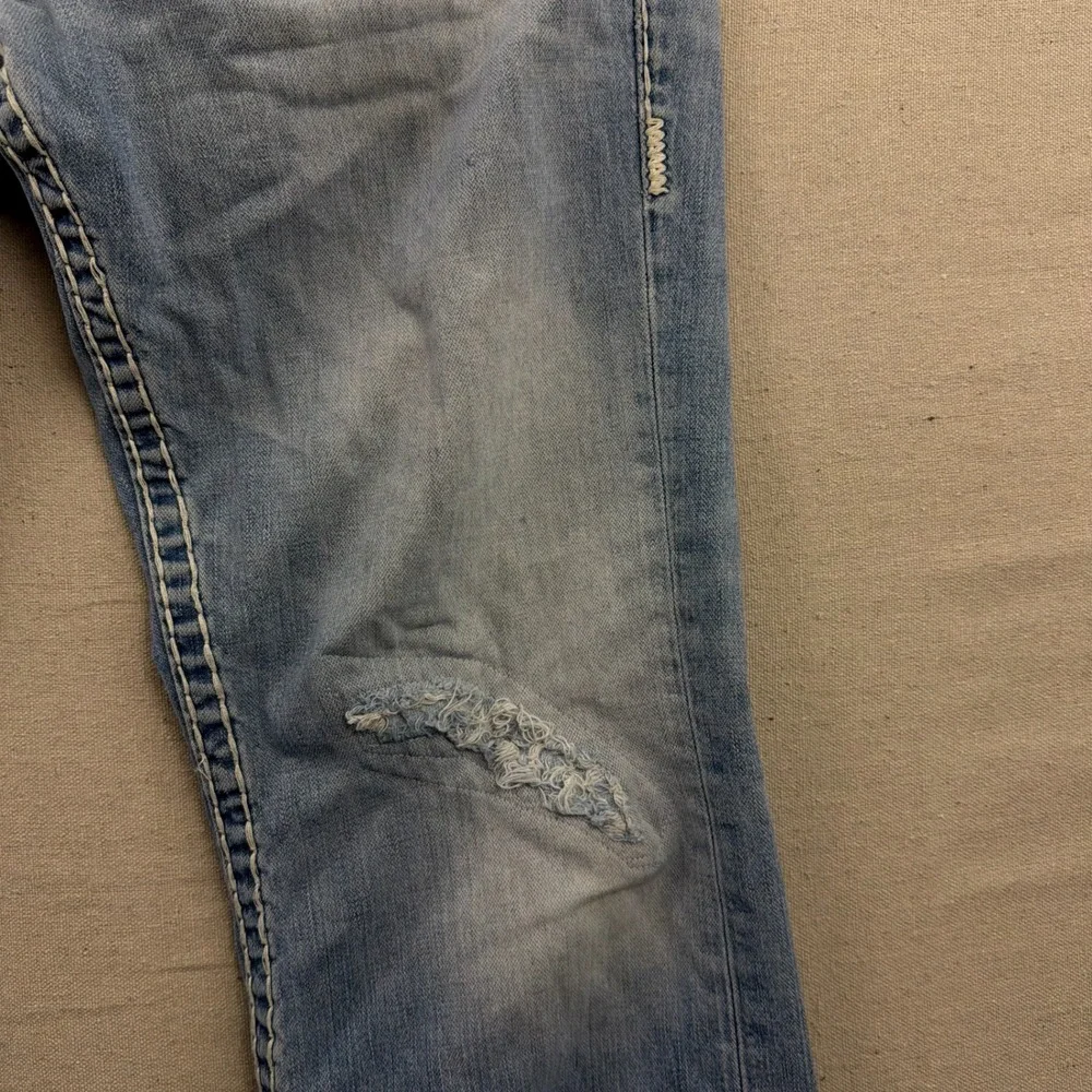 VTG True Religion Billy Super T Jeans 38 Blue Distressed Bootcut Contrast Stitch